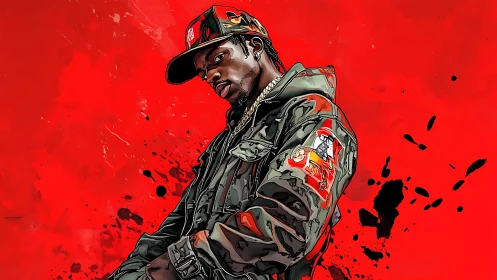 Male figure in streetwear jacket posed against red backdrop