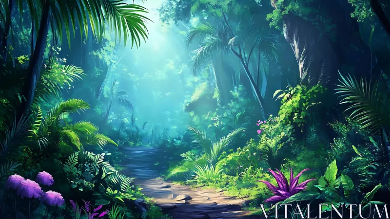 Enchanted forest grove with luminous sky and flowing stream