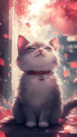 Fluffy white cat with pink ears sits in filtered light atmosphere.