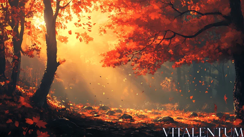Autumn Forest Glow: Golden Sunlight Through Crimson Canopy.