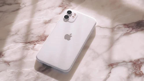 White iPhone 12 with dual camera array on marble surface.