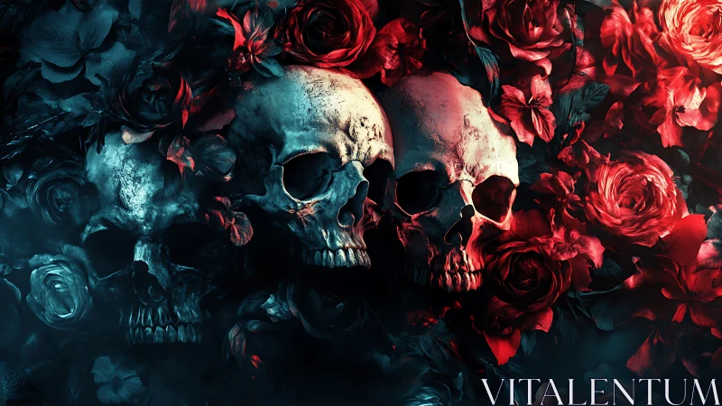 Crimson roses gently frame three weathered skulls in shadow
