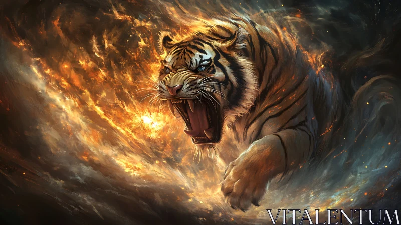 Roaring fire-tiger erupts through swirling cosmic flames.