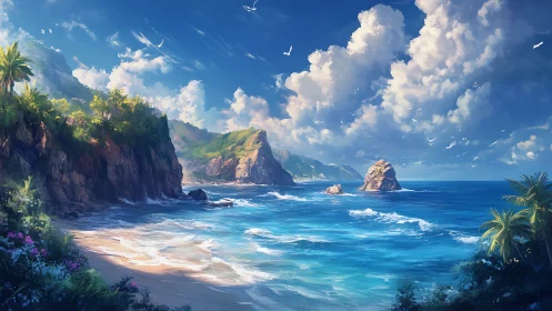 Photorealistic Tropical Coastal Landscape with Atmospheric Volumetric Cloud Rendering