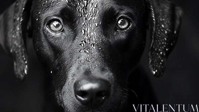 Wet black dog portrait in dramatic high contrast lighting.
