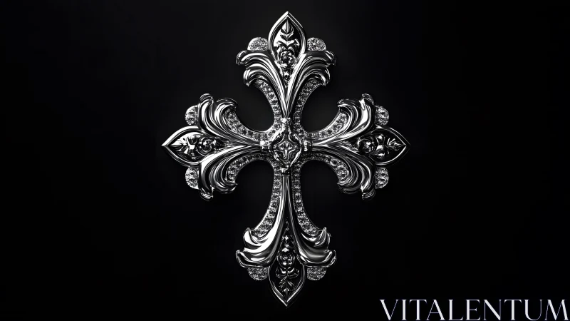 Ornate Silver Cross with Baroque Detailing on Black Background.