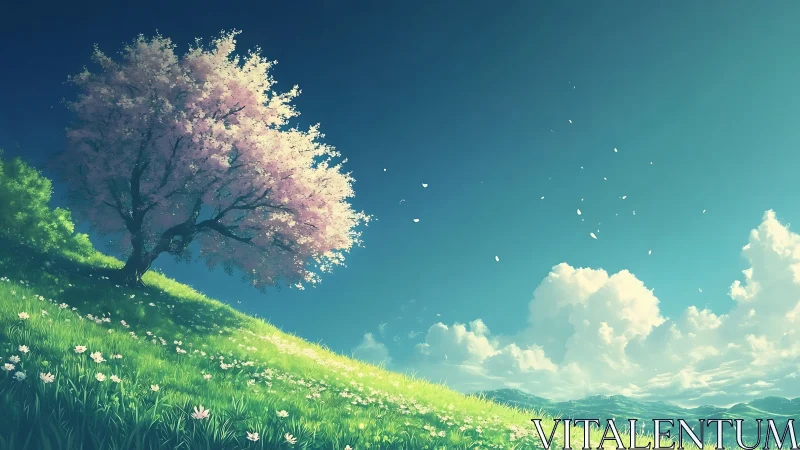 Digital painting of lone blossom tree on luminous hillside.