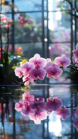 Pink Orchids Bloom by Sunlit Window with Reflections