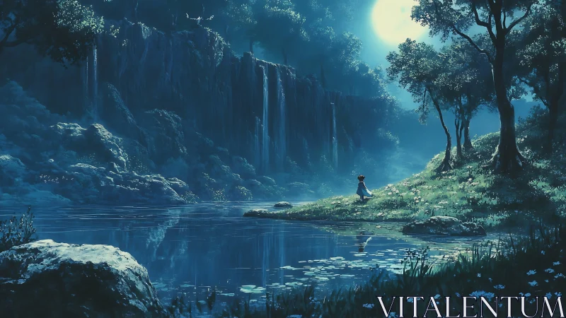 Moonlit waterfalls hush the forest while a child listens