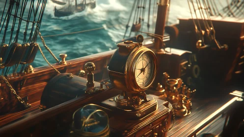 Marine chronometer on varnished deck in golden hour light.