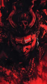 Demonic shaman portrait rendered in high-contrast red digital art