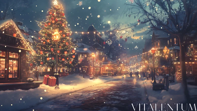 Snowy Christmas street glows with festive village lights.