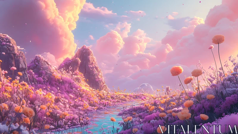 Iridescent valley river under pastel cumulus cloudscape.