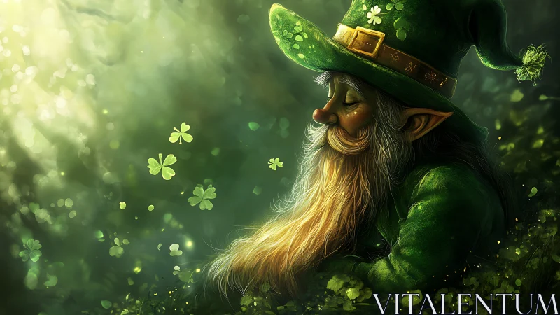 Dreamy forest leprechaun rests among glowing clovers.
