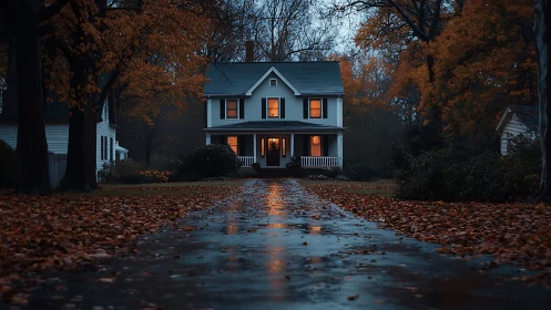 White two story house on wet driveway in autumn dusk