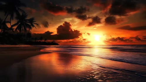 Sunset glow over quiet palms and a gently shimmering shore.