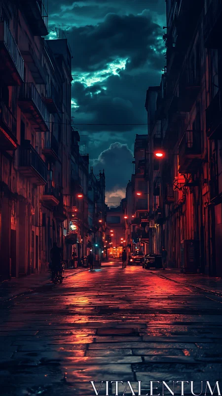 Moody wet alleyway with teal storm clouds and red neon glow.