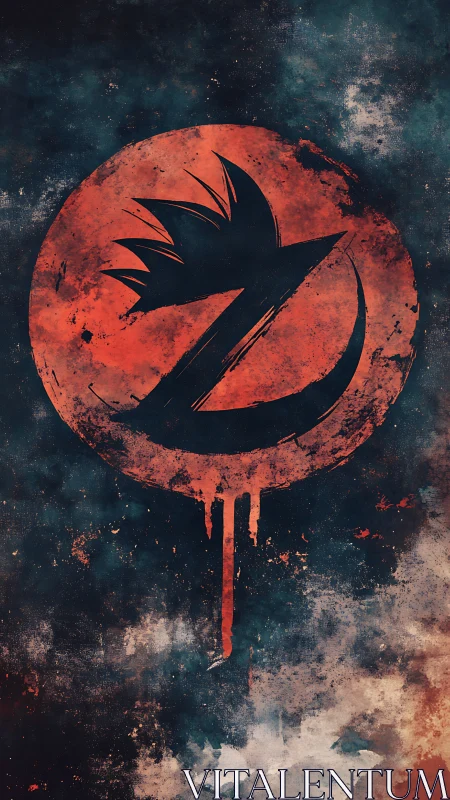 Abstract red emblem with sharp bird silhouette bleeds downward