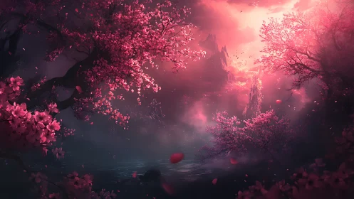 Crimson cherry blossom valley under luminous fantasy sky.