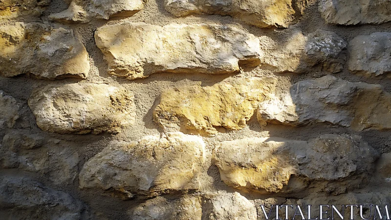 Sunlit rustic stone wall texture with natural warm tones.
