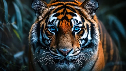 Staring tiger with icy blue eyes in moody jungle light.