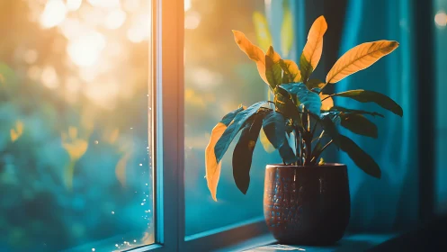 Potted indoor plant stands on window ledge in warm backlight