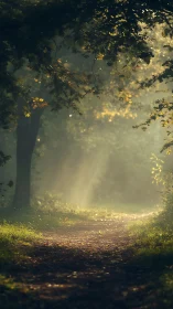 Golden Hour Forest Path Through Atmospheric Mist.