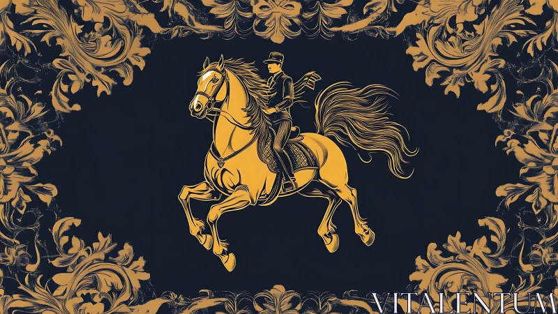 Golden equestrian silhouette within ornate baroque frame.