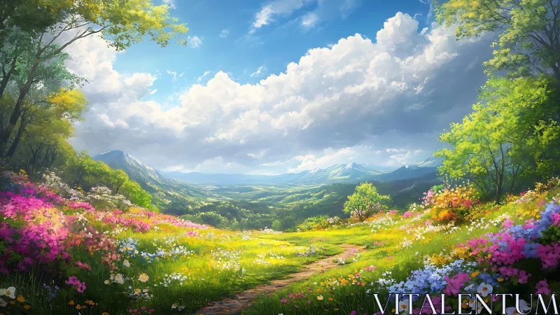 Vibrant mountain meadow landscape under bright spring sky.