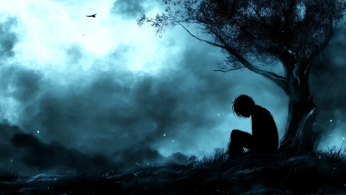 Quiet night of blue reflection beneath a sheltering tree.