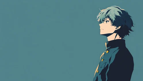 Anime boy in side profile against flat teal background