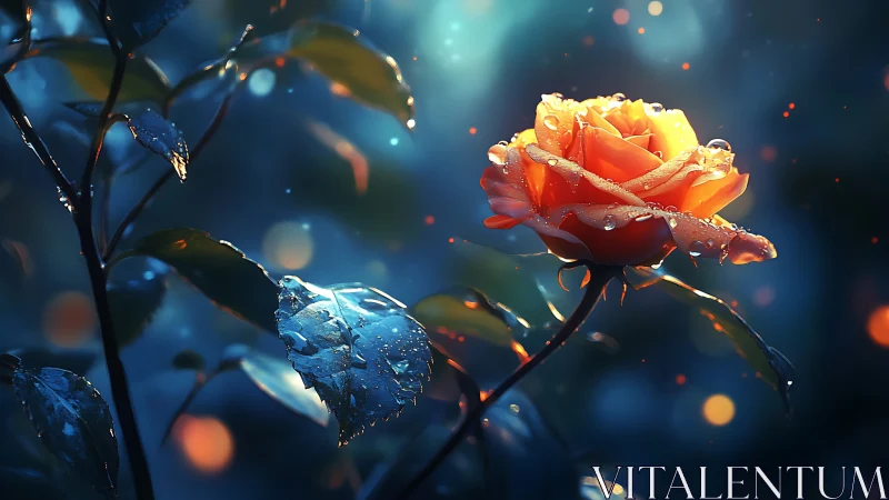 Golden Rose Glistens in Blue Twilight Wonder.