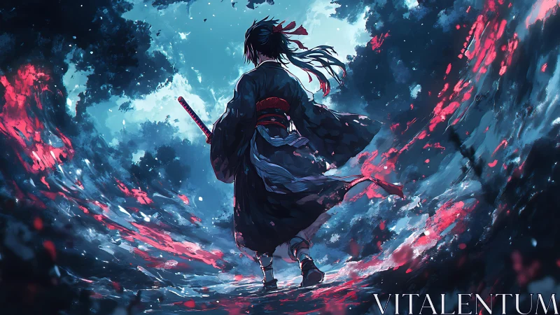 Lone samurai commands swirling neon storm of petals.