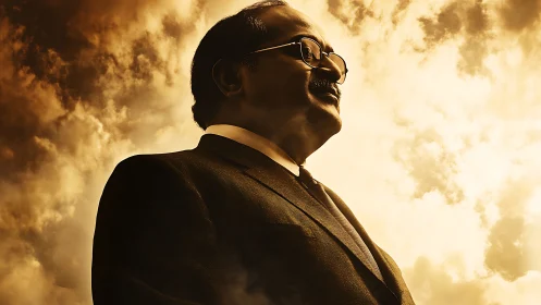 Dramatic low-angle portrait of suited man against golden clouds