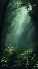 Atmospheric forest corridor with volumetric light rays and luminous foliage canopy