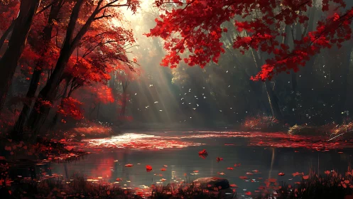 Gentle autumn river where scarlet leaves meet soft light.
