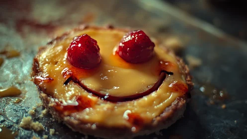 Smiling custard tart rendered with cinematic macro focus