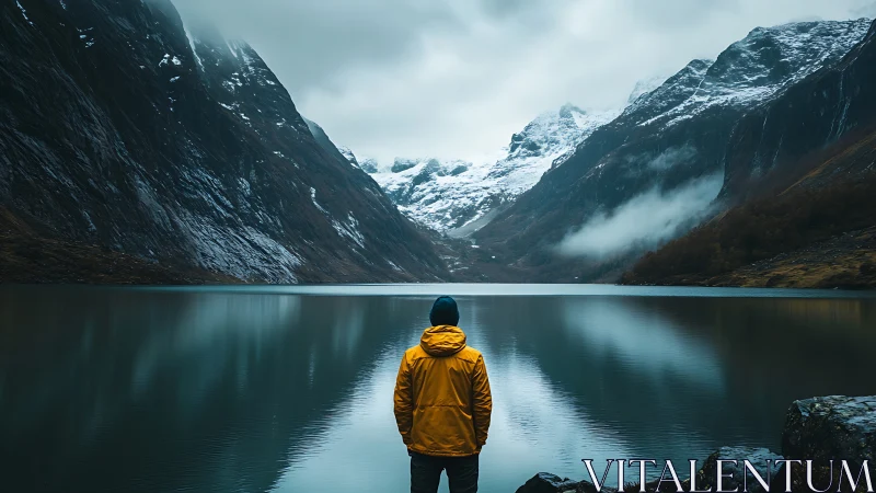 Person in yellow jacket facing calm lake and snowy mountains.