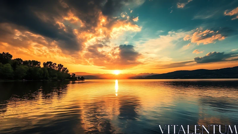 Sunset blaze over quiet lake and silhouetted forest horizon.