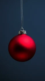 Red matte Christmas bauble suspended on dark blue background.