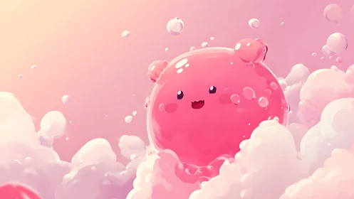 Happy Pink Bubble Character Floating Among Clouds.