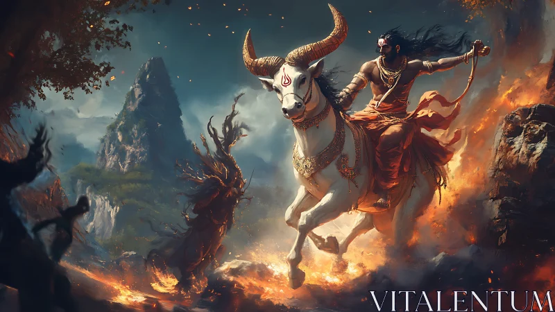 Mythic warrior on horned steed crossing volcanic firestorm.