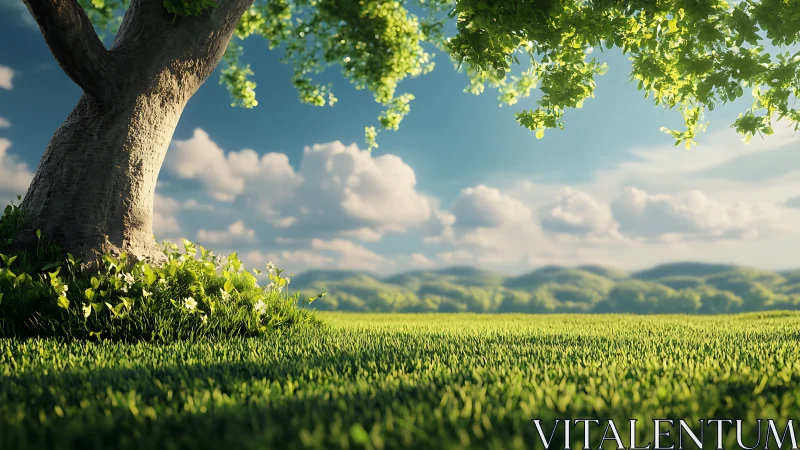 Sunlit meadow daydream under a generous old tree.