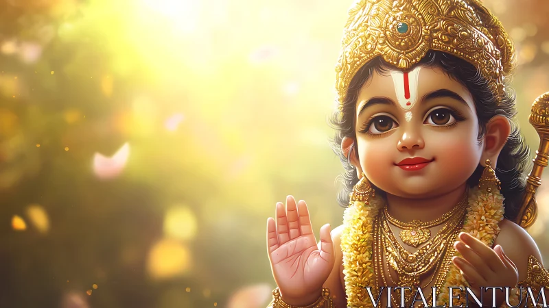 Child deity portrait with golden crown in soft sunlight.