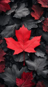 Red maple leaf on monochrome foliage background surface.
