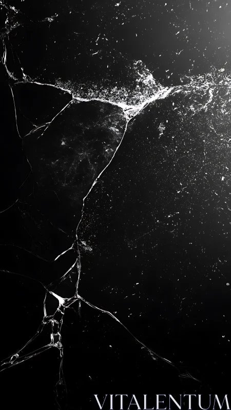 Shimmering fracture lines across midnight black glass.