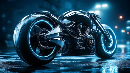 Futuristic electric motorcycle on wet city street at night.