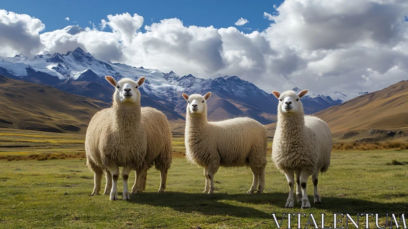 Four woolly sheep stand in a high-altitude mountain grassland
