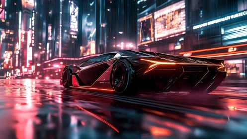 Neon-lit hypercar in wet cyberpunk megacity street at night
