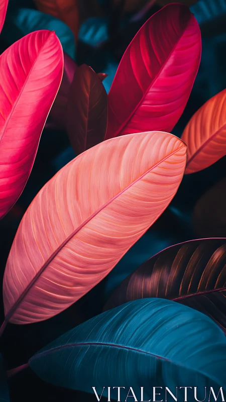 Vibrant tropical leaves in neon-toned macro close-up.